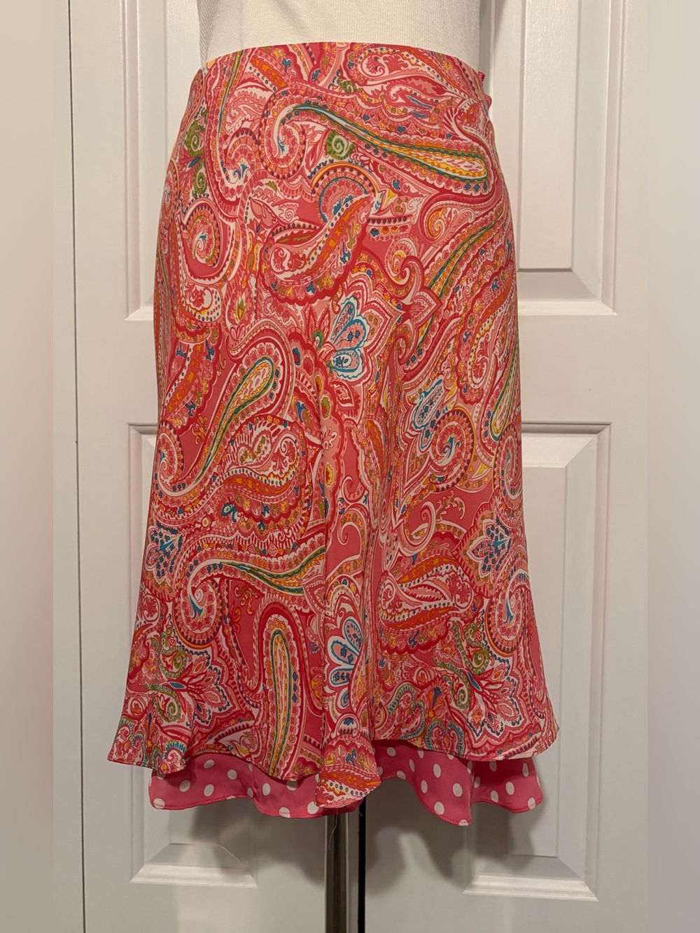 JONES NEW YORK 100% Silk Two Tiered Pink Paisley and Polka Dot Skirt